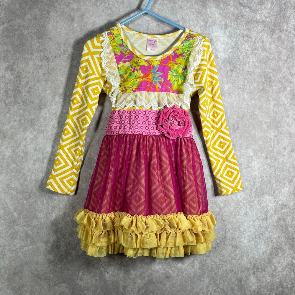 Giggle Moon‎ Dress Girls 4 Multicolor Ruffle Trim Long Sleeves Casual Tulle Bow